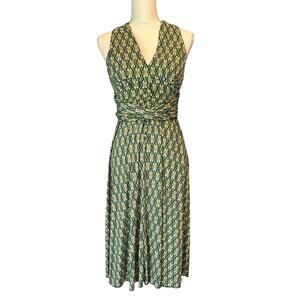 AGB Size 6 Midi Dress Geometric Green Pattern Retro Boho Wrinkle Free Comfy